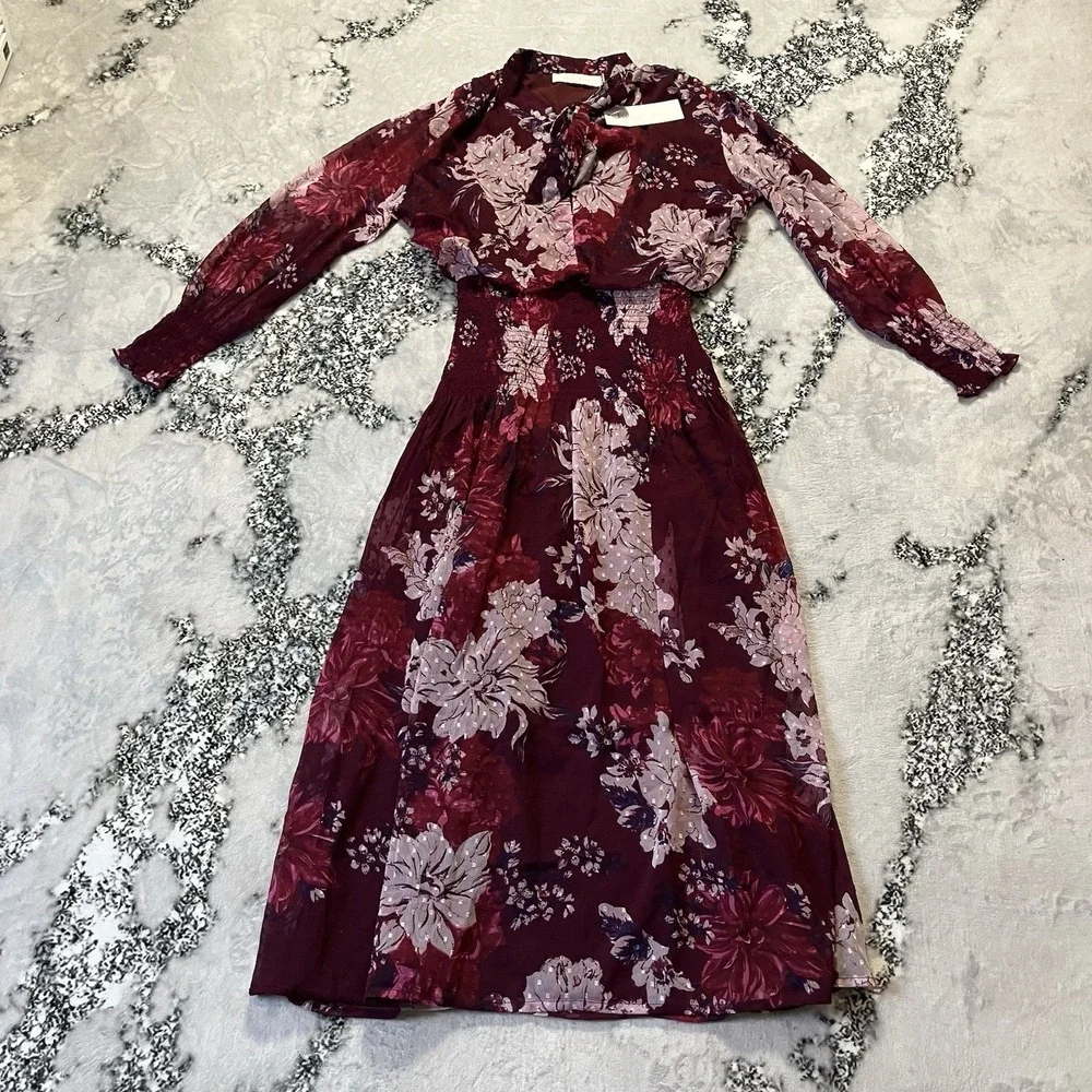 Bishop Young Dress Womens Size Medium‎ Burgundy Dahlia Floral Cameo Midi
